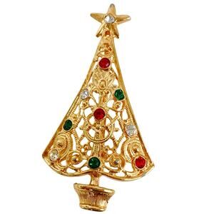 Vintage Signed Avante Christmas Tree Brooch Gold Tone Rhinestone Festive 1980s